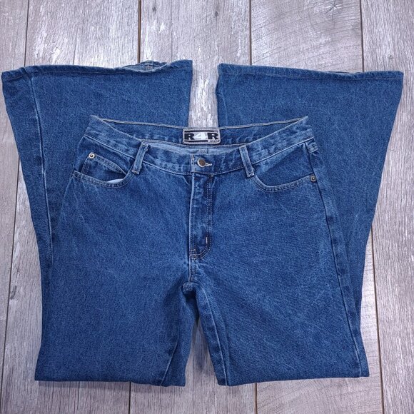 Vintage Rave R4R Jeans Womens 11 Blue Mid Rise Super Flare Leg Denim Y2K Hippy - Picture 4 of 8